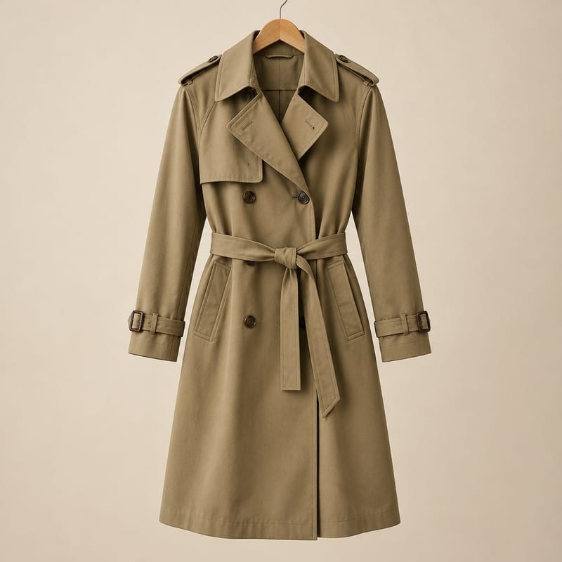 A khaki belted trench overcoat with a storm flap and shoulder epaulettes