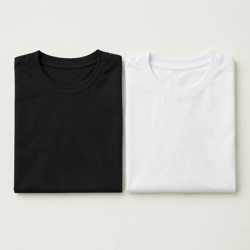 A black and a white crew-neck cotton tee folded side by side on a neutral backdrop