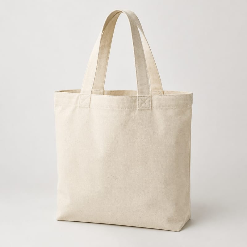 A natural cotton canvas market tote with self-fabric handles, standing upright on a pale surface