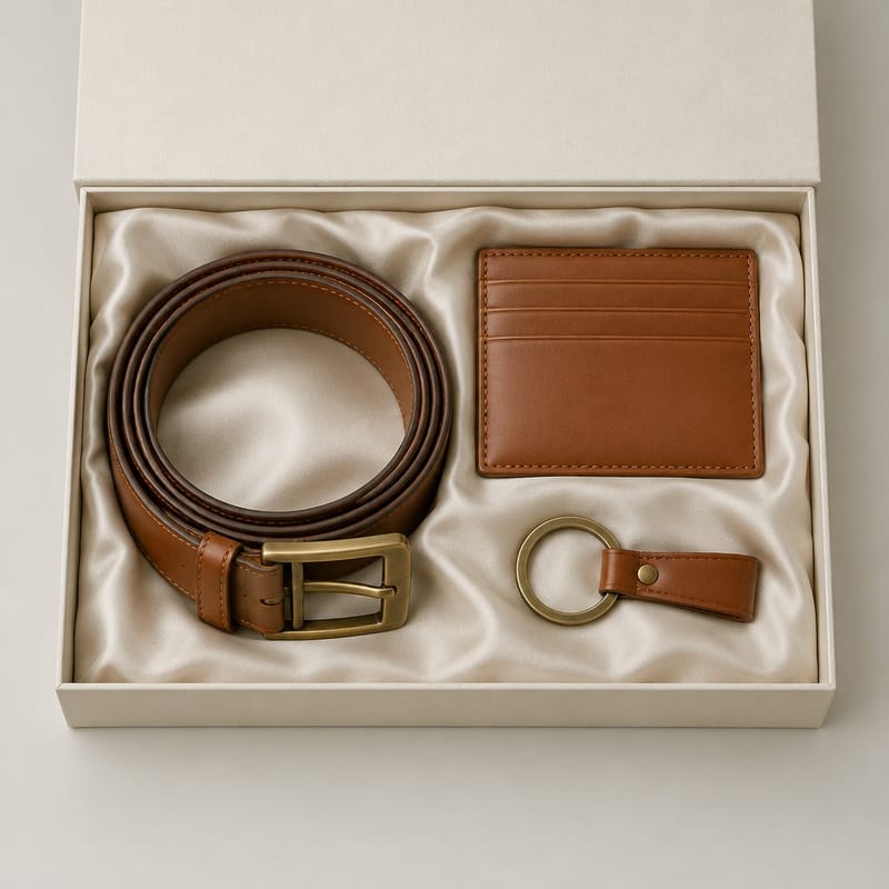 An open rigid gift box holding a leather belt, a slim card wallet and a brass key ring