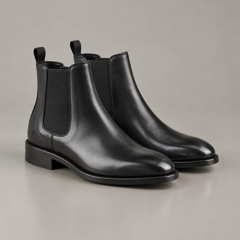 A pair of smooth black leather Chelsea boots with elastic side gores