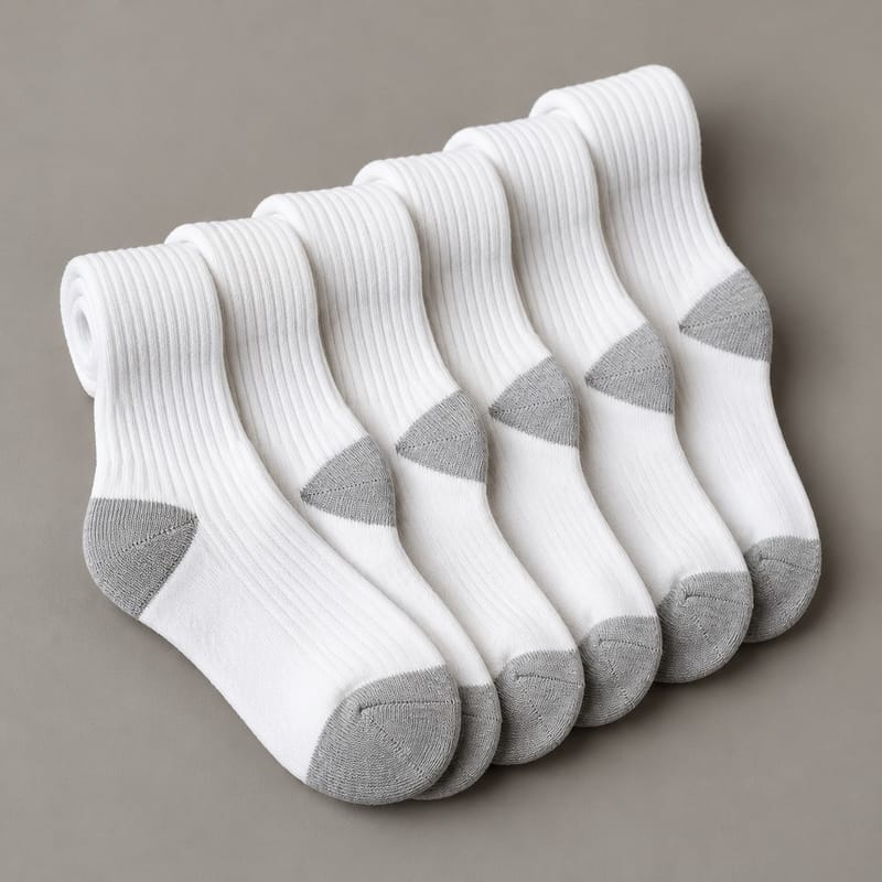Six pairs of white ribbed crew socks folded in a row, with grey heel and toe panels