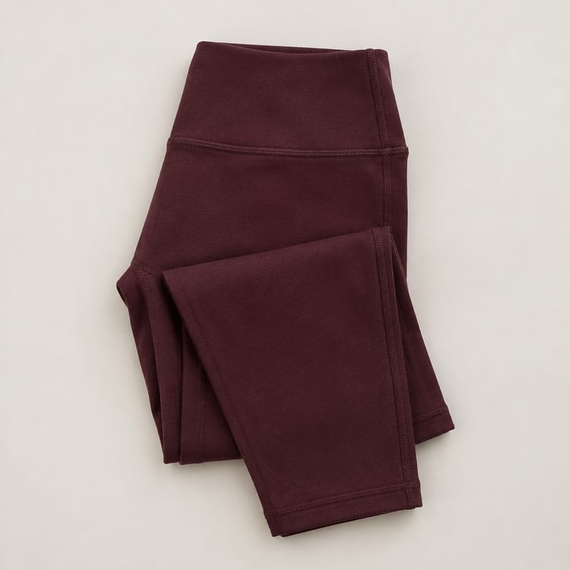 A folded burgundy high-rise cropped legging with a wide flat waistband