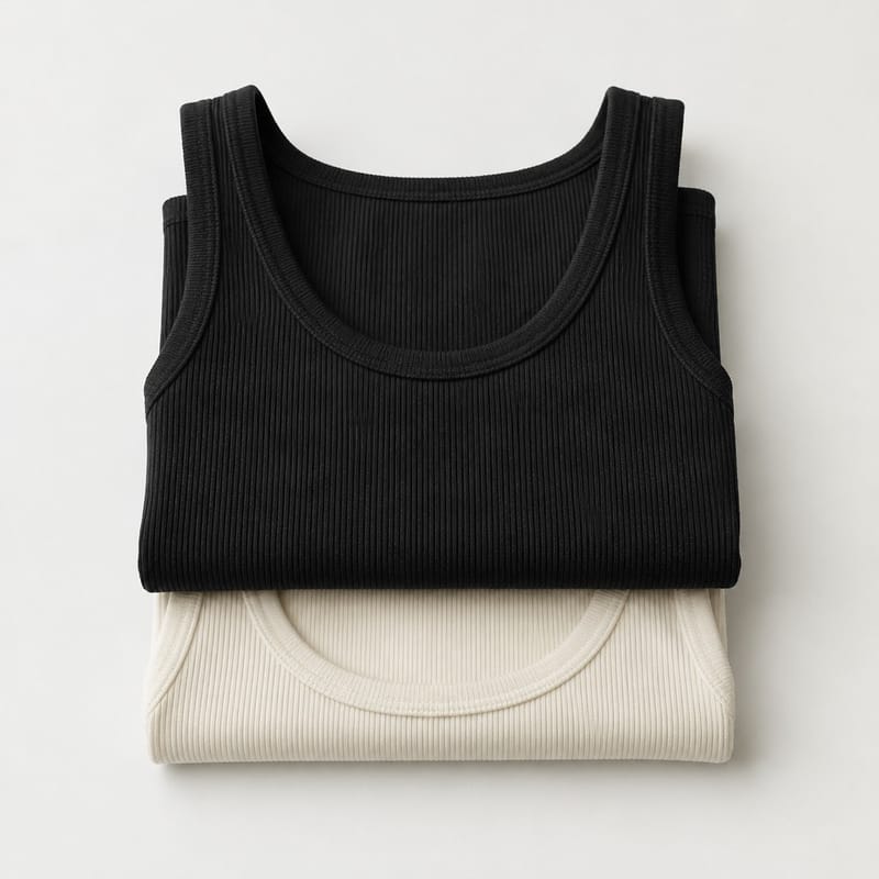 Two folded rib-knit tank tops, one black and one ivory, on a pale background